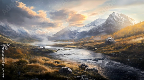Fototapeta A beautiful landscape with a river and mountains in the background. the sky is filled with auroras, creating a serene and peaceful atmosphere. Solar Fjord. Illustration