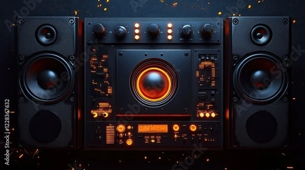 Fototapeta Futuristic Audio System:  High-Tech Stereo Speakers and Amplifier with Orange Glow