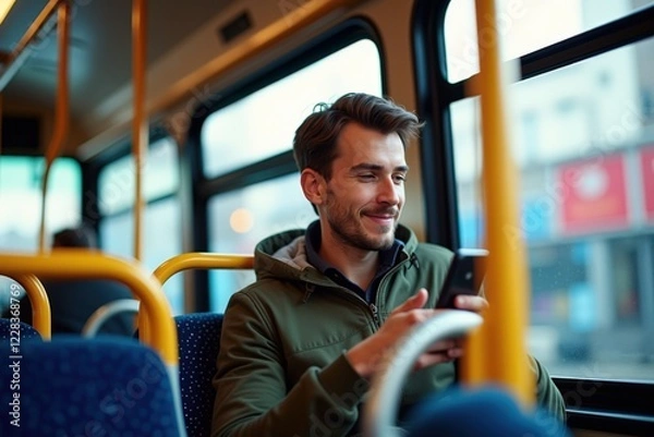 Fototapeta A Young Man Enjoys His Commute on a City Bus While Using His Smartphone, Capturing the Modern Urban Experience of Public Transportation