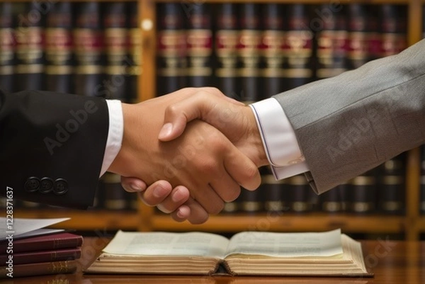 Fototapeta Legal Collaboration A Handshake Between Professionals Signifying Trust and Partnership in Various Aspects of Law, Including Consultation, Negotiation, and Litigation Among Attorneys and Clients