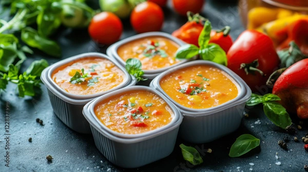 Fototapeta Studio shot of colorful frozen soup portions in silicone molds for easy meal prep