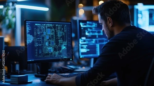 Fototapeta Programmer coding late night office, circuit board design, colleagues background, tech project