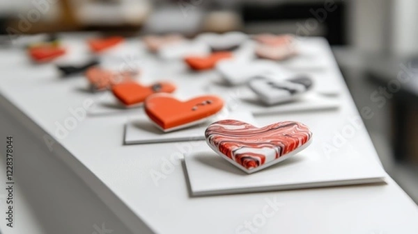 Fototapeta Colorful heart magnets on white display stand