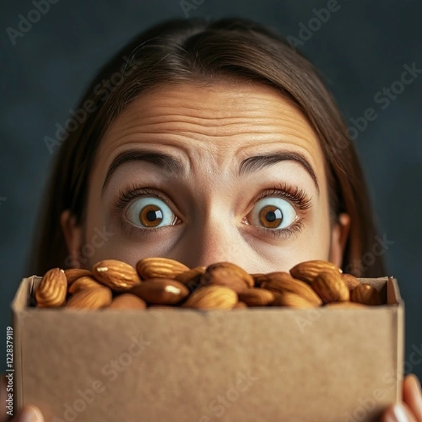 Obraz Curious woman holding box of almonds with wide eyes expressing nut allergy concept