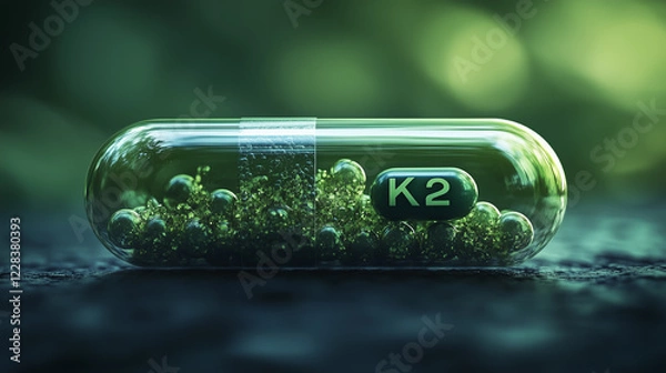 Obraz Close-up of a deep green, semi-transparent capsule filled with K2 supplement, displayed on vibrant natural background with soft light reflections.