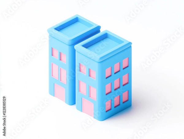 Fototapeta A simple icon of blue buildings with pink window frames isolated on white background