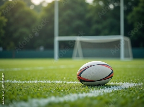 Obraz Rugby ball resting on the grass near the goalpost on a serene field, copy space