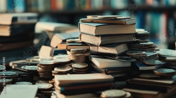 Fototapeta A Mountain of Books and Coins: A Still Life of Knowledge and Wealth