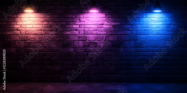 Fototapeta Three Hanging Lamps Illuminate a Brick Wall with Colorful Light in Empty Room Background
