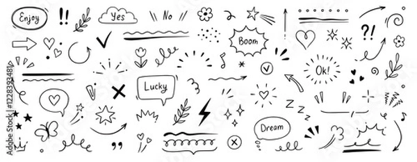 Fototapeta Cute line sketch star, arrow, cloud decoration element icon set. Hand drawn sketch doodle cute star, heart, flower element. Line text decoration scribble shape icon. Hand drawn Vector illustration.