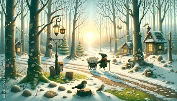 Fototapeta A Heartwarming Scene of a Bird Postman Delivering Letters in a Thawing Spring Forest