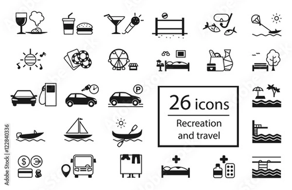 Obraz Vector set of recreation icons. Different types of holiday activities and entertainment and of tourist infrastructure: food, games, shopping, hiking, dancing, attractions, hotel, diving, driving.