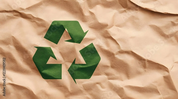 Obraz Green Recycle Symbol Printed on Crumpled Brown Paper Promotes Environmental Awareness Actively.