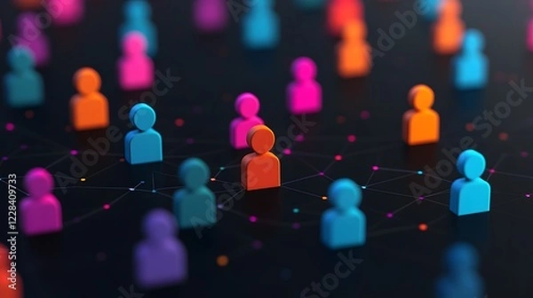 Fototapeta Abstract glowing visualization of segmented audiences with dynamic paths connecting vibrant persona icons to detailed trend graphs and data insights