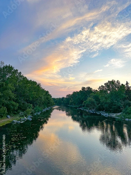 Fototapeta Trees Reflecting off the Bow River at Sunset 