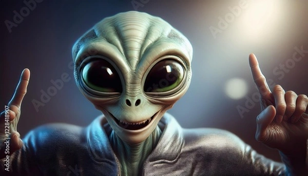 Fototapeta Alien Character with Big Eyes and Silver Jacket