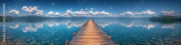 Fototapeta Stunning panoramic view of tranquil lake with wooden pier, reflecting sky and clouds, surrounded by lush green mountains, ideal for nature lovers and photographers