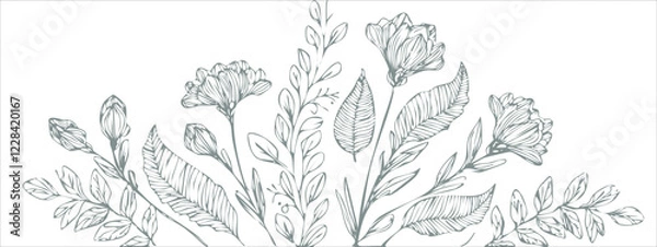 Fototapeta Botanical arts. Hand drawn continuous line drawing of abstract flower, floral, rose, tropical leaves, spring and autumn leaf, bouquet of olives. Vector background illustration.