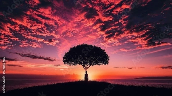 Obraz Silhouetted Figure Standing Under Dramatic Tree at Sunset