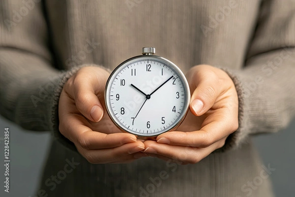 Fototapeta Hands of a person holding an analog clock as a concept of the passage of time
