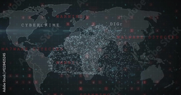 Obraz Image of digital data processing and world map over dark background