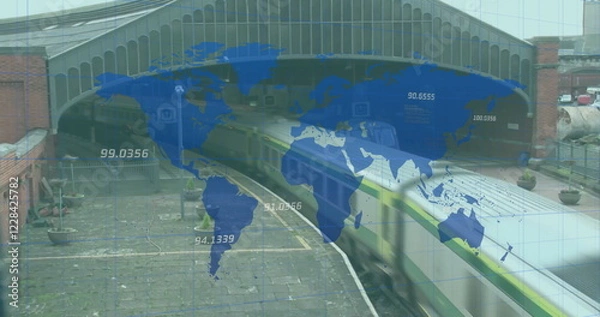 Fototapeta Image of world map and data processing over train station