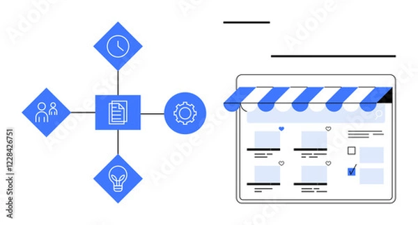 Fototapeta Blue icons representing team, time, ideas, and documents linked to gear icon. Digital storefront with products and checkmarks. Ideal for project planning, teamwork, productivity, management