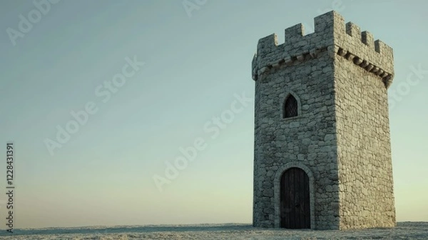 Fototapeta Ancient Stone Tower on a Serene Plain Under Light Blue Sky