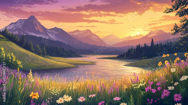 Fototapeta Serene sunset view of a river valley, mountains, and wildflowers. Twilight Valley. Illustration