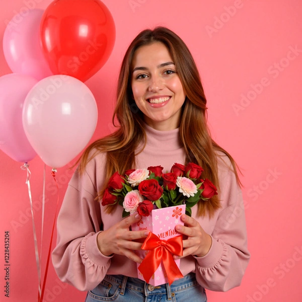 Obraz Una mujer sonriendo con un regalo del día de los enamorados