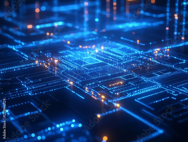 Obraz Digital network visualization with glowing blue and orange lights