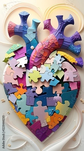 Fototapeta Vibrant heart-shaped jigsaw puzzle with one piece missing, representing love, relationships, unity, emotional healing, teamwork, connection, support, wholeness, and personal growth
