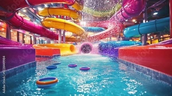 Obraz Indoor waterpark fun slides, pool, vibrant, splashing,  family
