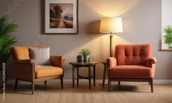 Fototapeta Coffee table and lamp placed in front of a large wooden armchair against the wall , desk chair, floor lamp, quiet reading spot