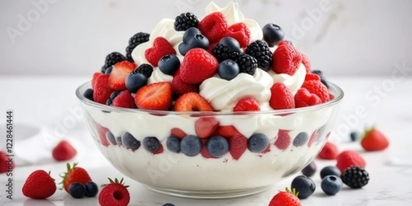Fototapeta Fresh mixed berries in a bowl with a dollop of whipped cream on a white background, dessert, whipped cream, berry dessert