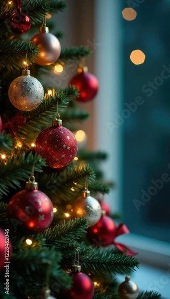 Fototapeta Sparkling ornaments hang from the branches of a Christmas tree, shimmering garlands, colorful balls, bows
