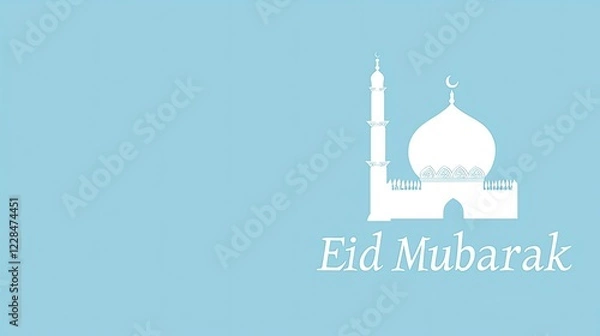 Obraz Simple Eid Mubarak greeting with mosque silhouette on light blue background.