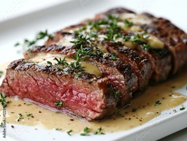 Obraz Sliced steak with creamy sauce and herbs. AI.