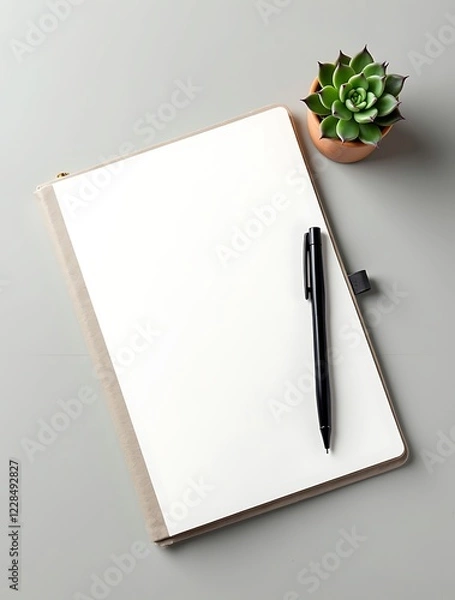 Fototapeta A minimalist workspace setup featuring a blank notebook, black pen, and fine liner pens on a clean desk with a small potted plant, symbolizing creativity, planning, and organization

