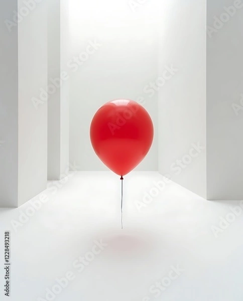 Obraz A red balloon drifts freely in a bright, open white interior with elegant arched openings and soft shadows, evoking a sense of contrast, weightlessness, and peaceful solitude

