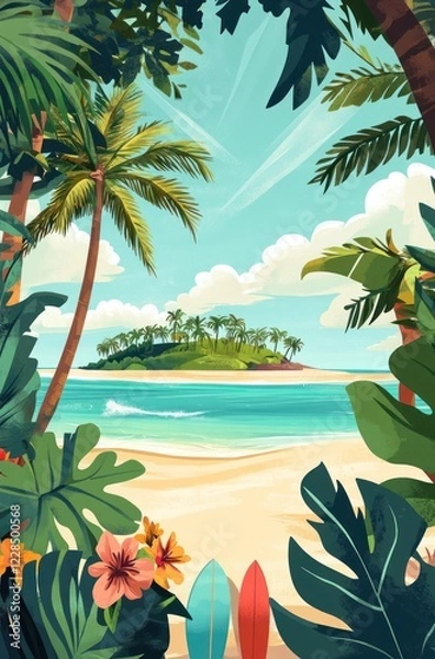 Fototapeta Tropical Island Beach Scene with Palm Trees and Surfboards