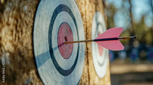 Fototapeta Shooting target with arrow in the center, placed in the middle of the forest
