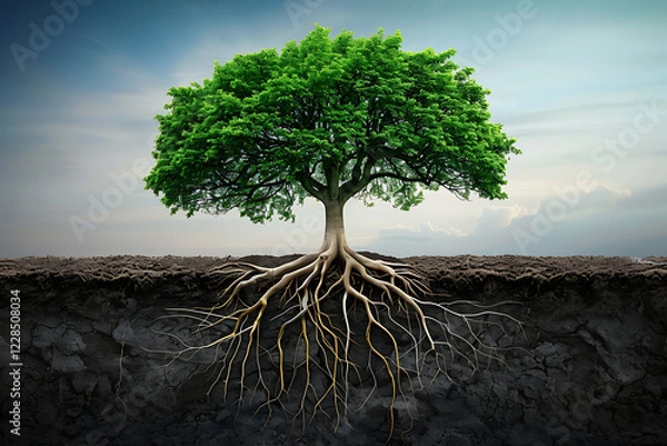 Fototapeta a tree representing leadership development with roots labeled skills, vision, and growth, providing a strong foundation text space available