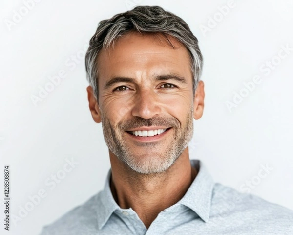 Fototapeta A smiling middle-aged man with gray hair, wearing a light-colored shirt, radiating confidence and approachability against a plain background.