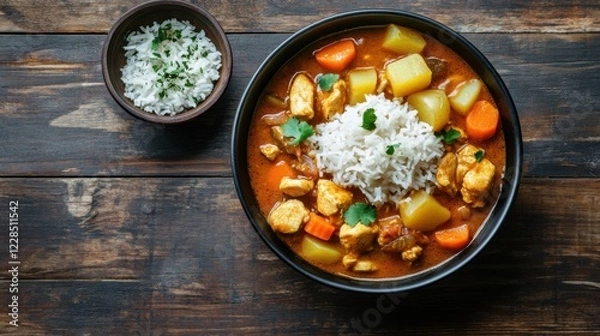 Fototapeta A hearty bowl of chicken and vegetable curry with tender chunks of chicken, potatoes, and carrots