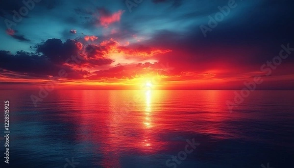 Fototapeta Sun Setting on Water, Red Sky, Dark Clouds, Reflecting, for Travel Ads or Background