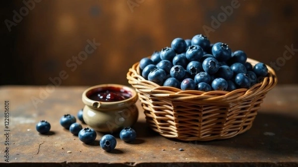 Obraz A rustic still life featuring a wicker basket overflowing with plump, ripe blueberries, accompanied by a small bowl of homemade blueberry preserves, and several scattered berries.