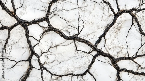 Fototapeta Detailed close-up of cracked white marble surface with intricate black veins highlighting texture