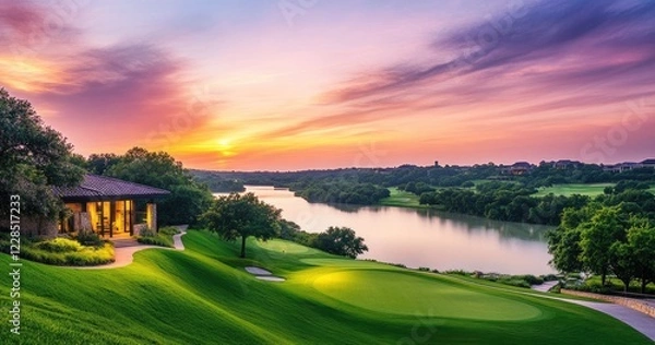 Fototapeta A beautiful two story, single family home in the hill country of Texas at sunset with a green front yard and large oak trees on either side of house