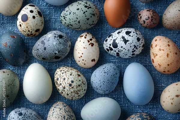 Fototapeta A Study in Oology: Diverse Collection of Bird Eggs on a Denim Background